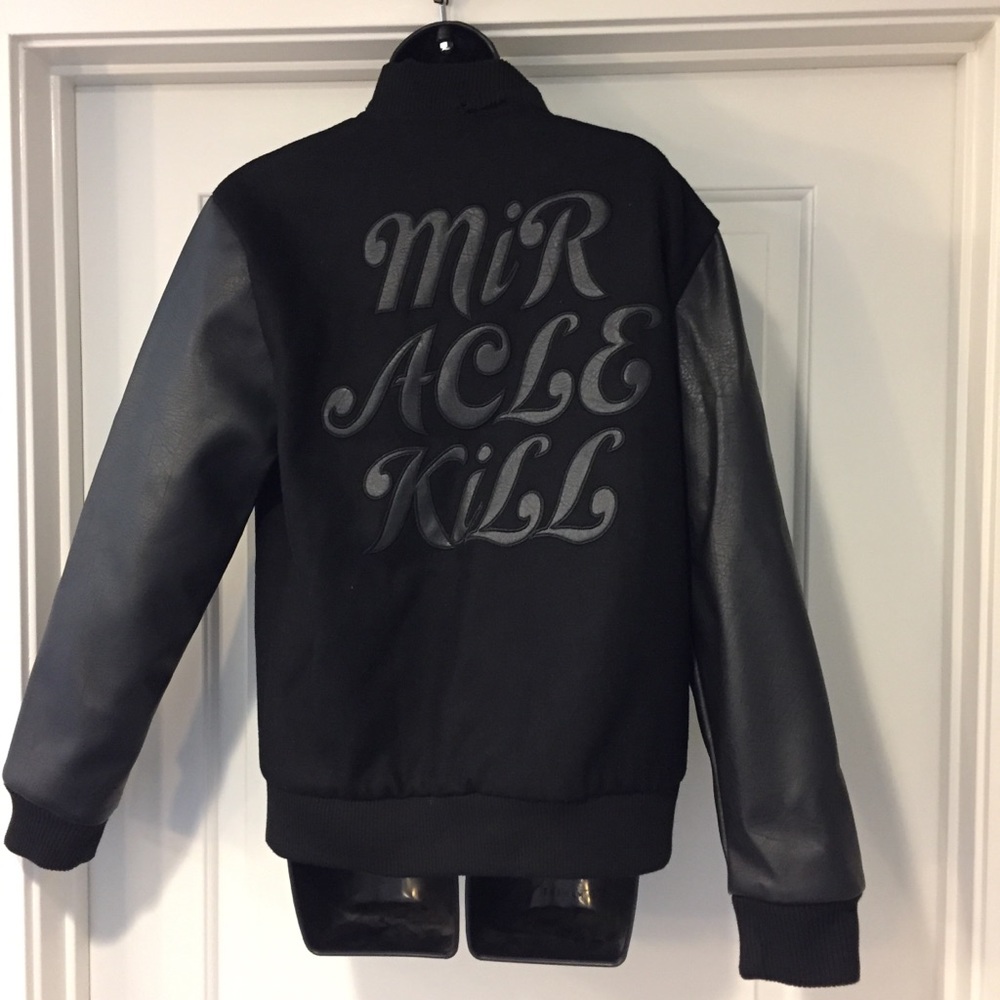 Miracle kill leather varsity bomber jacket